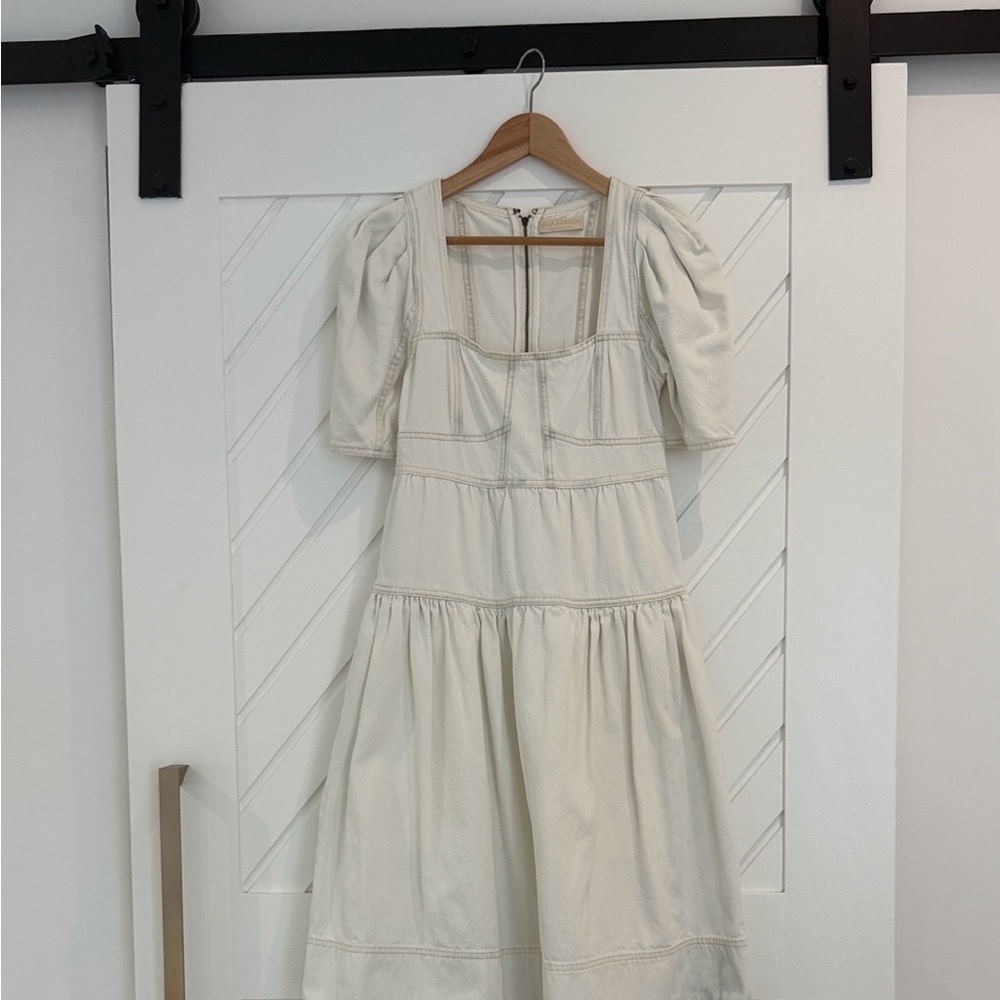 Ulla Johnson Denim Cream Tiered Puff-Sleeve Midi Dress